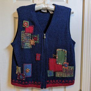 Koret City Blues Knit Vest Zip Front Embellished Patches Embroidery Sweater Vest